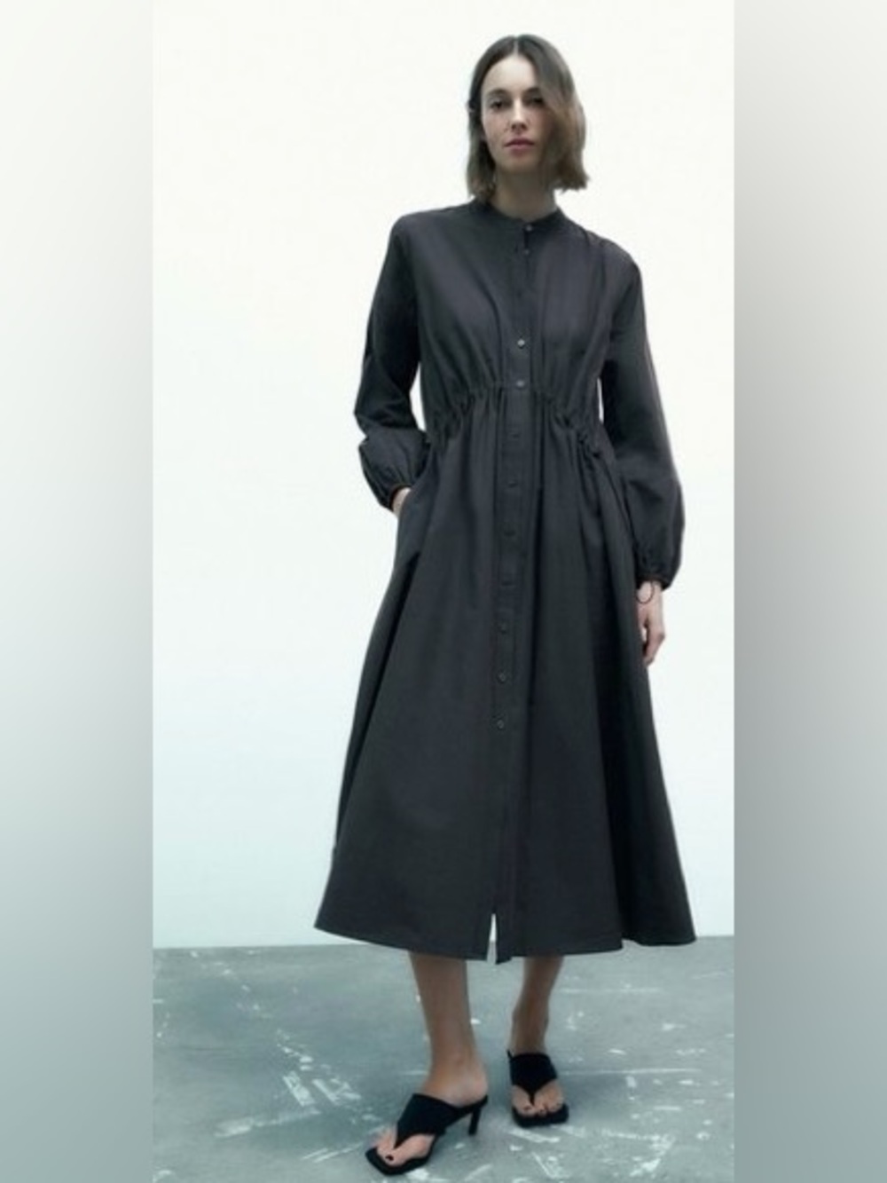 Zara Black Long-Sleeve Button-Front Dress With Drawstring Waist